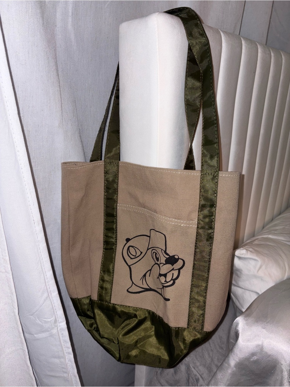 Canvas Tote Bag with Cartoon Character Print - Tan & Olive